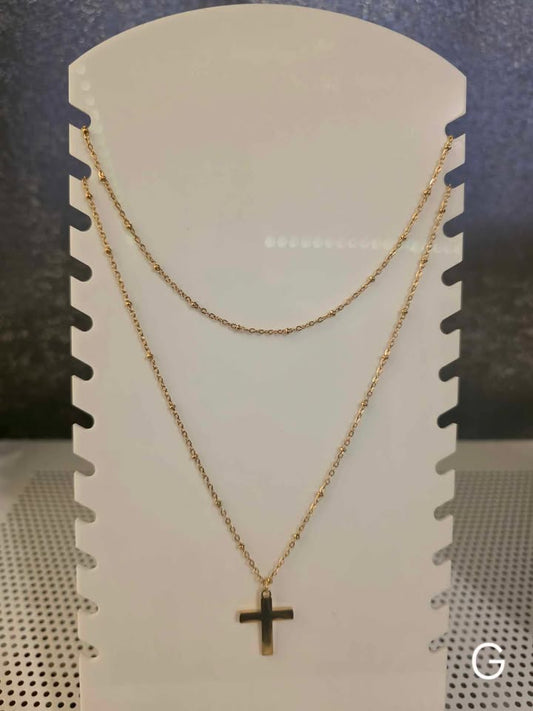 Double Layered Stainless Steel Cross Pendant Beaded Necklace