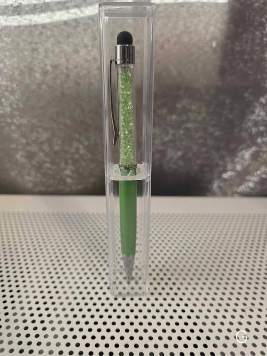 Ball Point Green Stylist Pen with Crystals and Clear Case