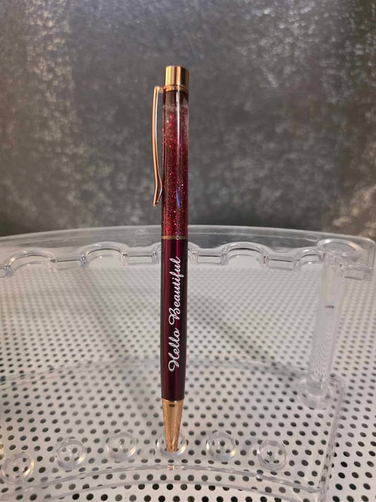 Ball Point Glitter Hello Beautiful Pen with Rose Gold Accents and Clear Case