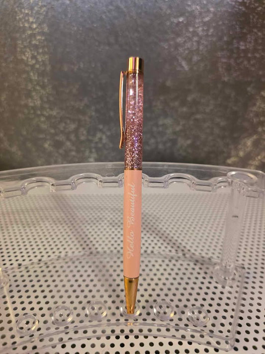 Ball Point Glitter Hello Beautiful Pen with Rose Gold Accents and Clear Case