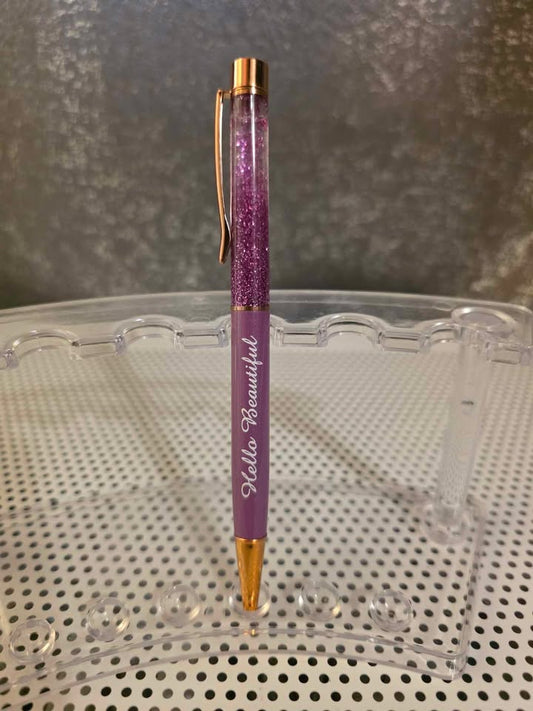 Ball Point Glitter Hello Beautiful Pen with Rose Gold Accents and Clear Case