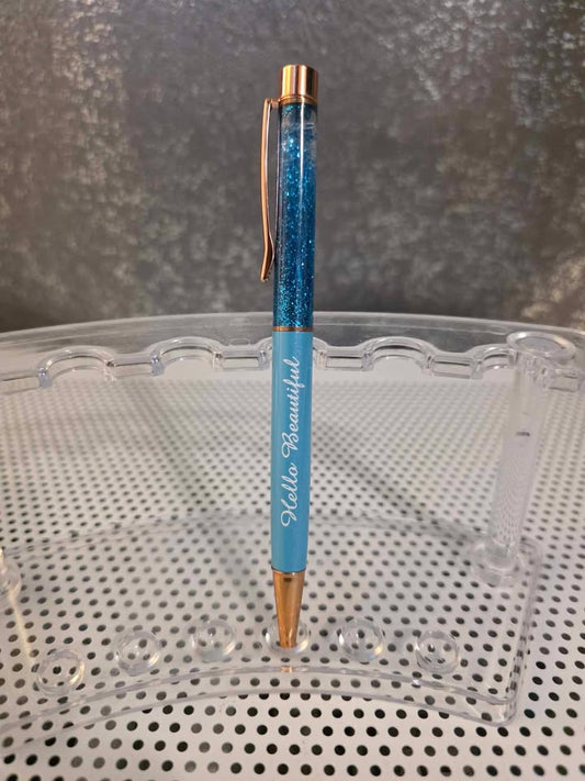 Ball Point Glitter Hello Beautiful Pen with Rose Gold Accents and Clear Case
