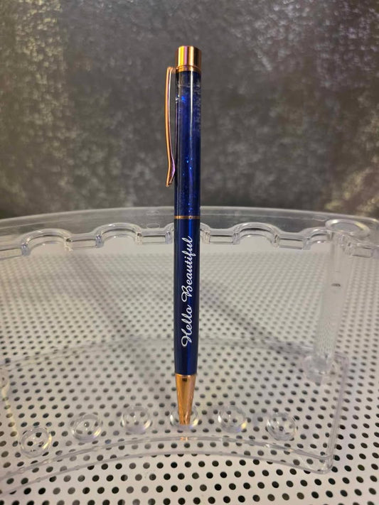 Ball Point Glitter Hello Beautiful Pen with Rose Gold Accents and Clear Case