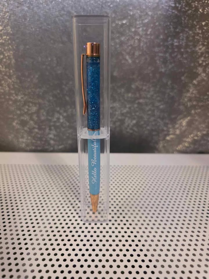 Ball Point Glitter Hello Beautiful Pen with Rose Gold Accents and Clear Case