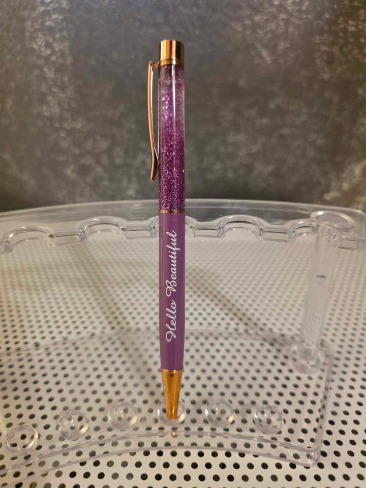 Ball Point Glitter Hello Beautiful Pen with Rose Gold Accents and Clear Case