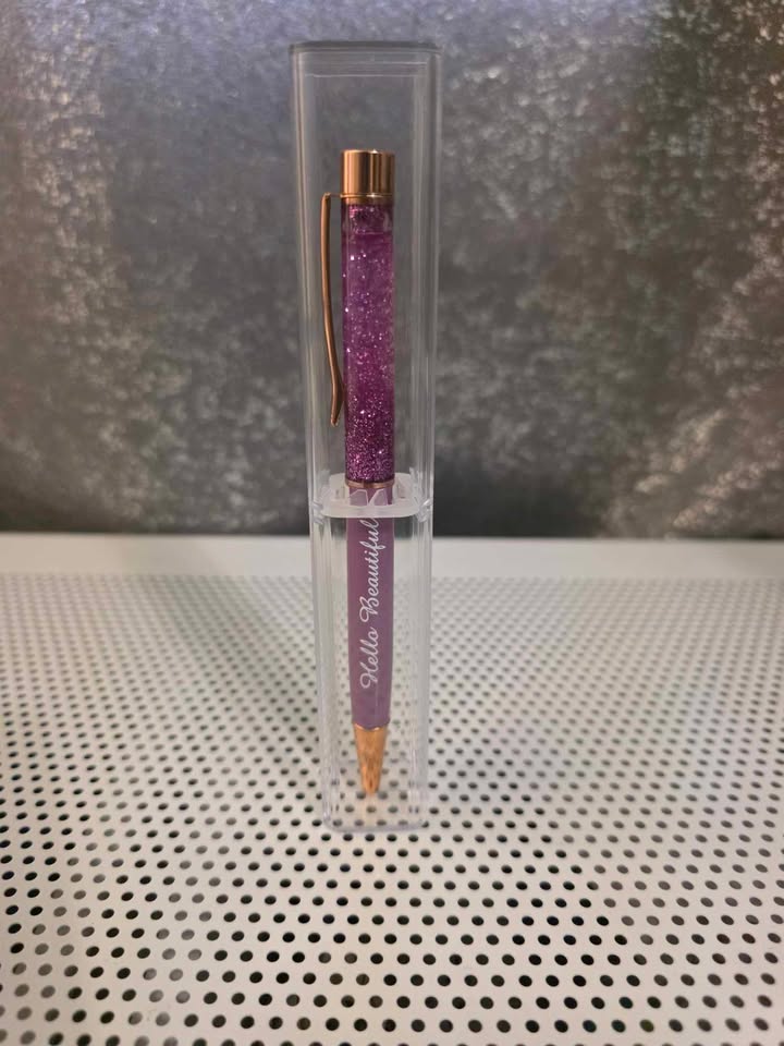 Ball Point Glitter Hello Beautiful Pen with Rose Gold Accents and Clear Case