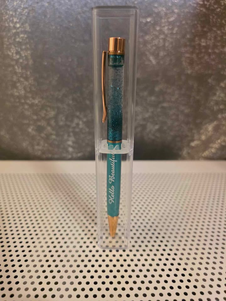 Ball Point Glitter Hello Beautiful Pen with Rose Gold Accents and Clear Case