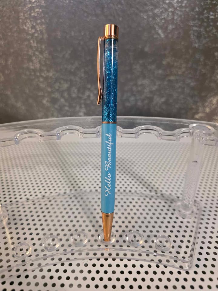 Ball Point Glitter Hello Beautiful Pen with Rose Gold Accents and Clear Case