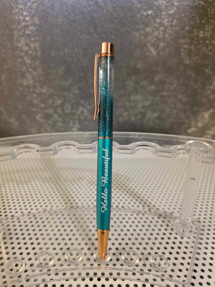 Ball Point Glitter Hello Beautiful Pen with Rose Gold Accents and Clear Case